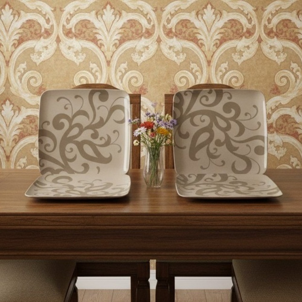 Zak! Designs Brown Square Melamine Salad Plates, Set of 4, Scroll Pattern